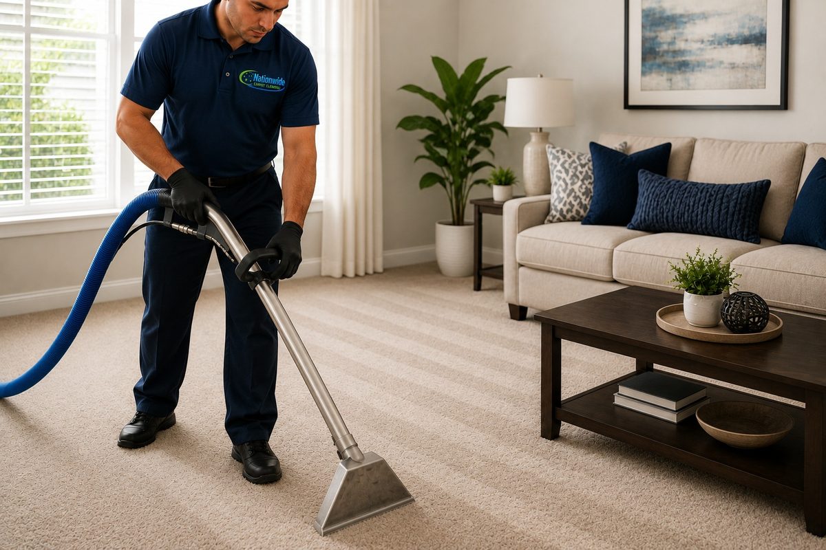 Truck-mounted carpet cleaning in a Palm Beach County living room