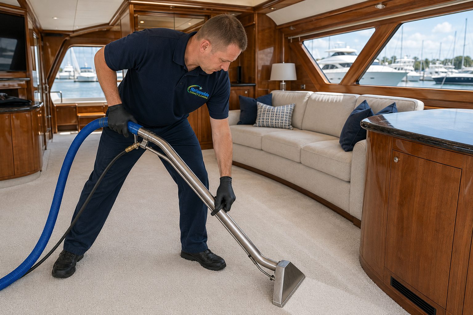 Yacht salon carpet cleaning at a Palm Beach County marina