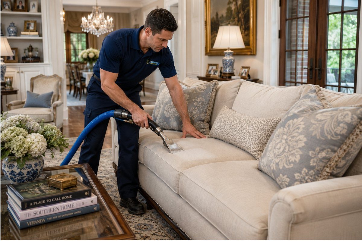 Upholstery cleaning on a sofa in a Palm Beach County home