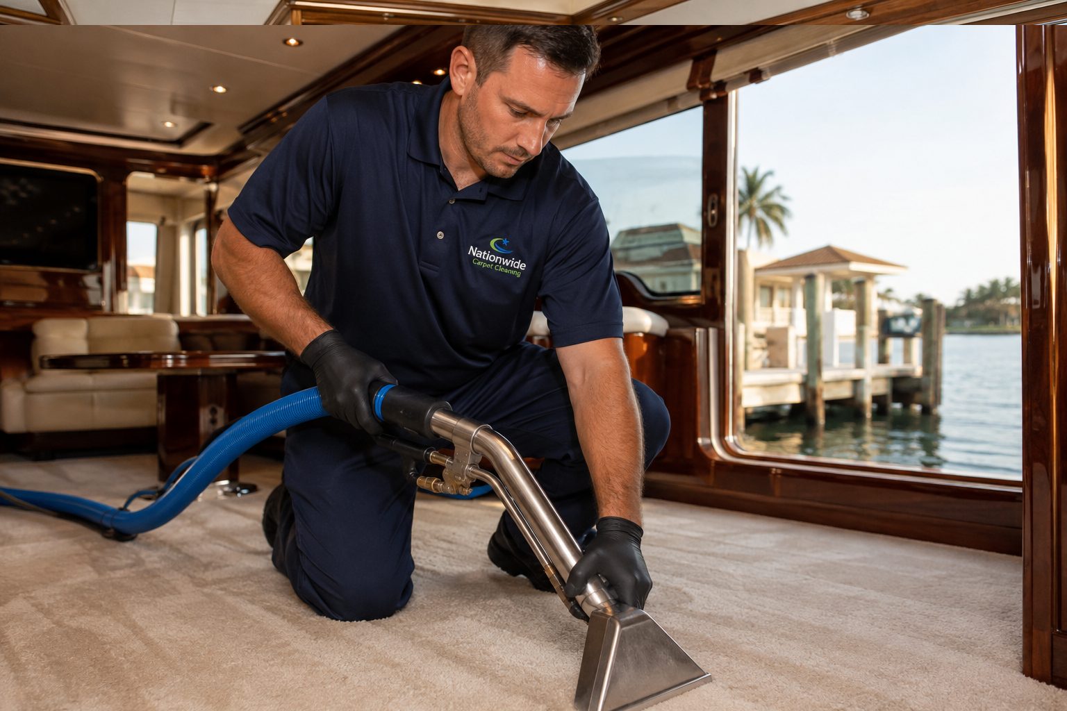 Yacht interior cleaning at a private estate dock in Palm Beach County